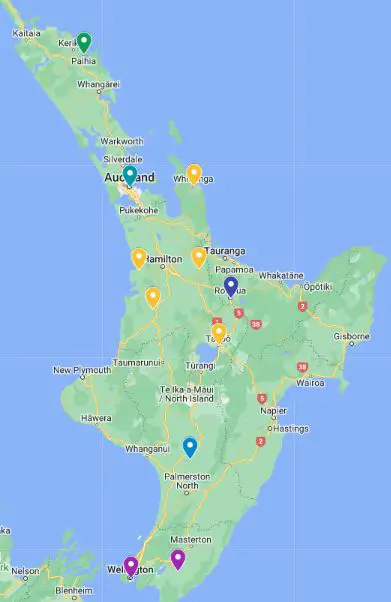 Map of places to visit on a 2-week New Zealand North Island itinerary