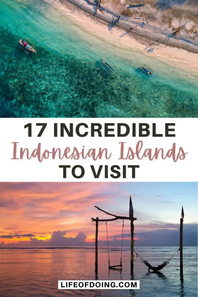 Top photo are speedboats in the ocean waters of an Indonesia island, bottom photo is of a person lying in a hammock with the sunset in Gili Trawangan