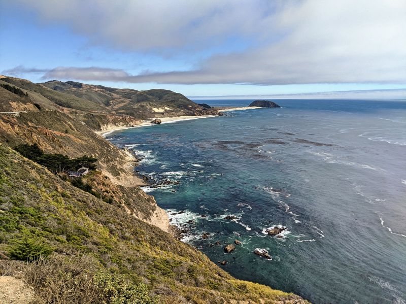 Cliffside views of California coastline and ocean along Highway 1 in Big Sur area