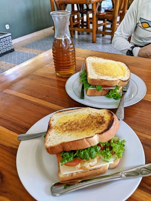 Two plates of egg sandwich with lettuce, tomato, cheese and a glass of tea