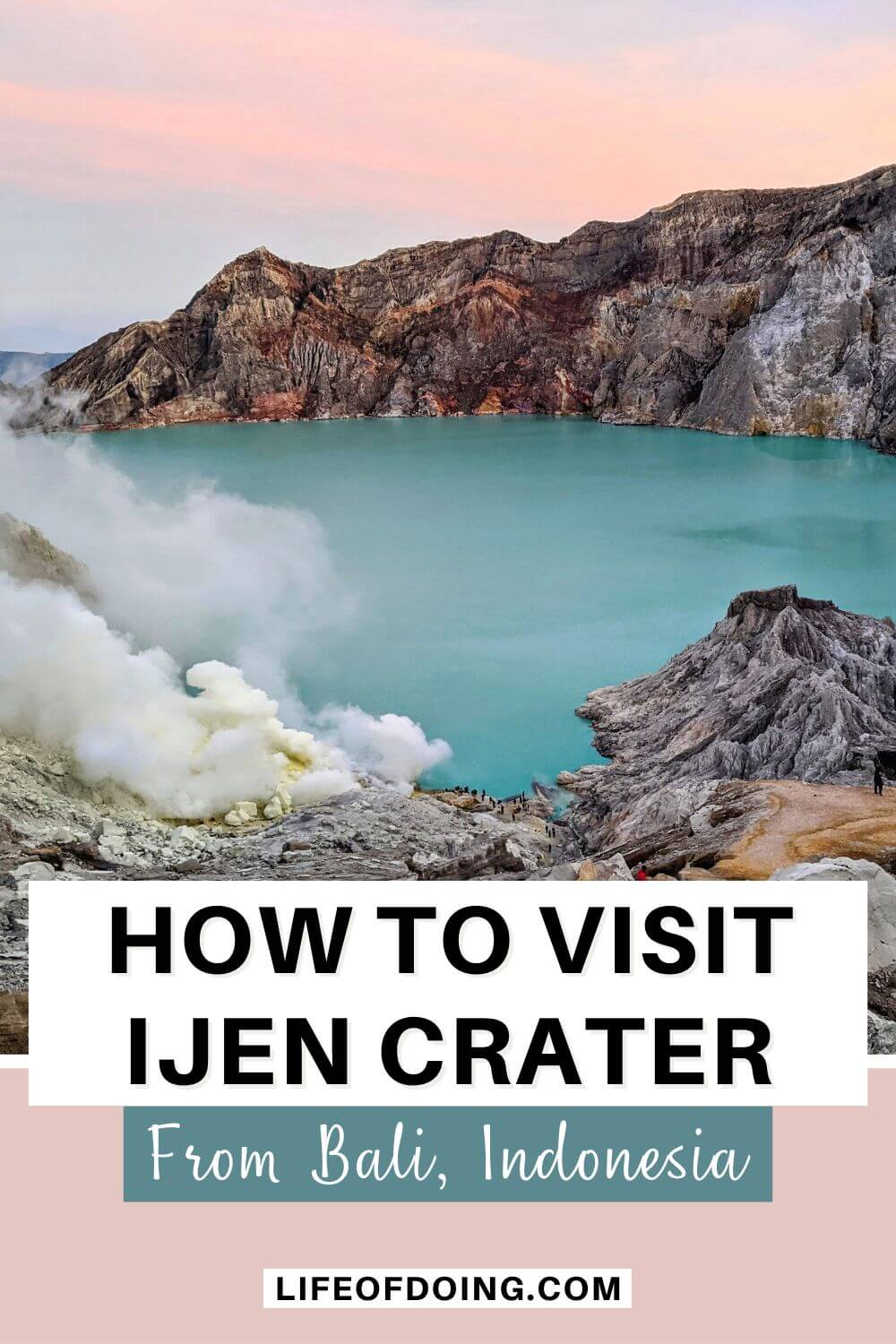 Pink and purple skies rise for the sunrise at Ijen Crater on Java Island, Indonesia