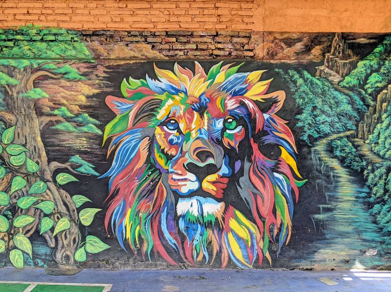 A wall mural of a lion made with red, blue, yellow, and green colors at Jodipan Colorful Houses in Malang, Indonesia