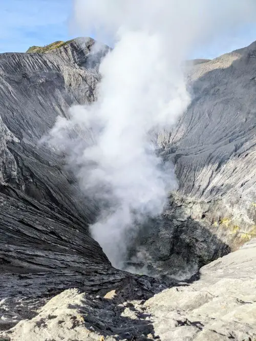 The sulfur steam from the Mount Bromo crater