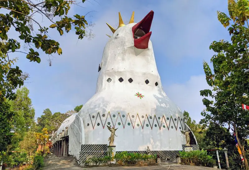 The Chicken Church nearby Borobodur Temple in Yogyakarta is in a shape of a chicken with a white body, red beak, and yellow crown