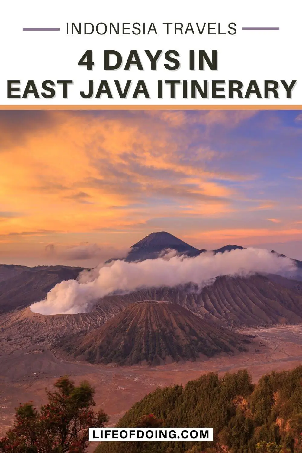 Purple and orange skies surround the Mount Bromo crater in East Java, Indonesia