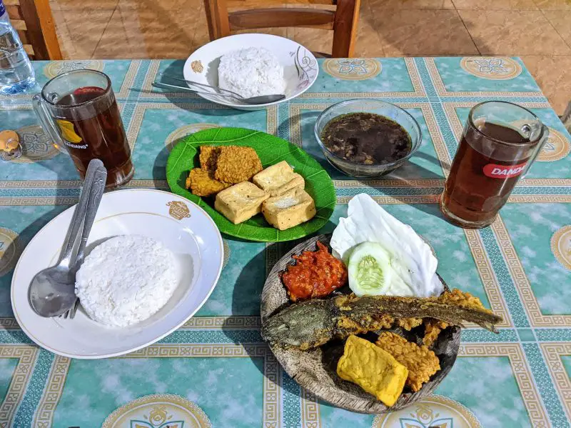 A meal with fried fish with fried tempeh and tofu and a beef stew with rice at Yanto Homestay, Indonesia