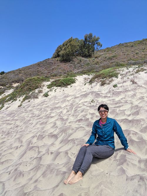 Jackie Szeto, Life Of Doing, sits on the purple sand at Pfeiffer Beach