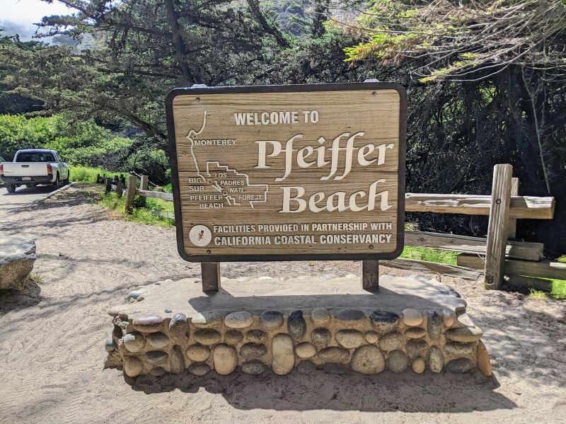Welcome to Pfeiffer Beach signage next to the parking lot