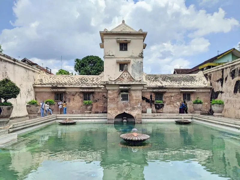 Taman Sari is a water palace in Yogyakarta with the aqua colored pool