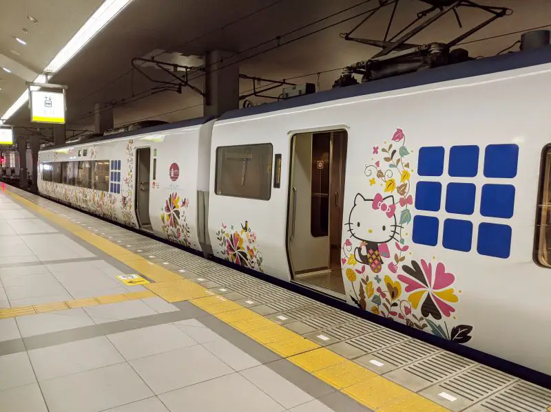The middle carts of the Hello Kitty themed Haruka train at Kansai Airport Station