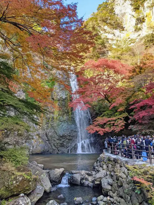 A group of people at the observation area looking at Minoh Waterfall and the surrounding fall foliage