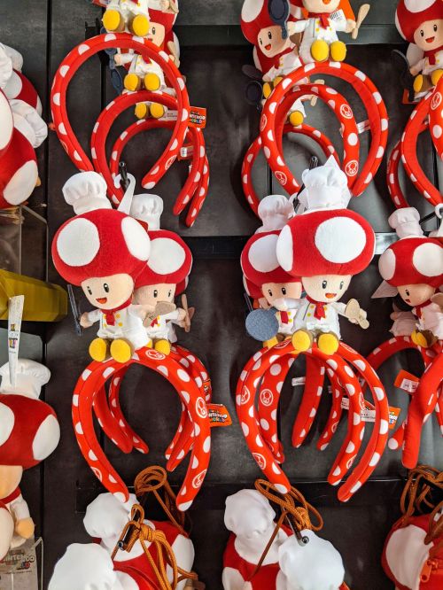 A headband of Kinopio, a mushroom character wearing a chef outfit and hat at Super Nintendo World, Universal Studios Japan