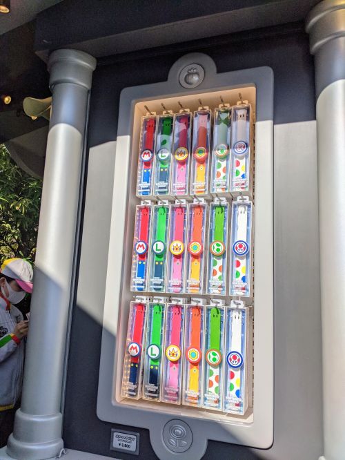 A display of Powerbands for sale which is usable at Super Nintendo World at Universal Studios Japan