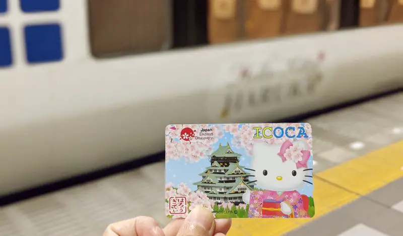 An ICOCA card with Hello Kitty in a pink kimono and the castle design that can be used in Osaka, Kyoto, and all of Japan
