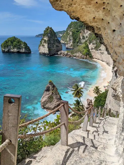 The limestone staircase leads to Diamond Beach in Nusa Penida, Indonesia
