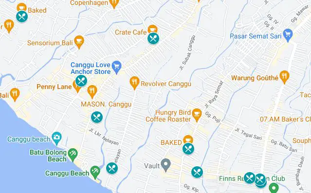 Map of Canggu cafe locations