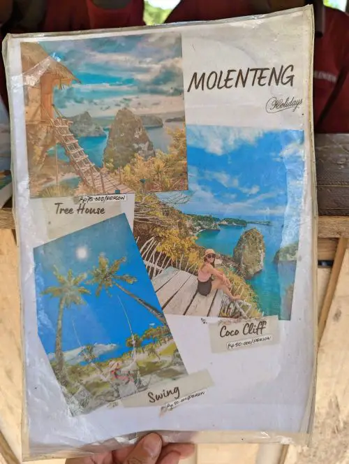 A piece of paper listing three photo spots and pricing such as treehouse, Coco Cliff, and swing at Nusa Penida