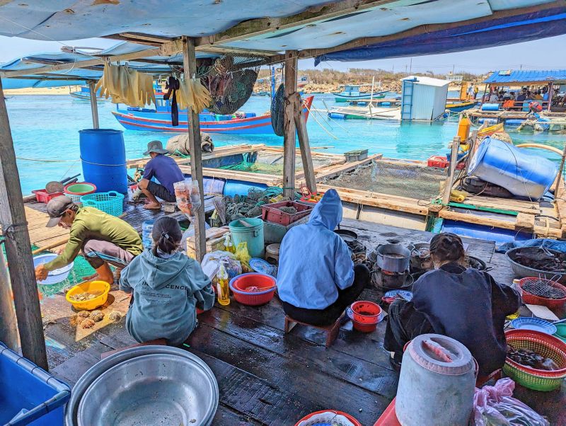 Six people squatting and preparing fresh seafood at Be Ca Anh Sang restaurant on Phu Quy Island