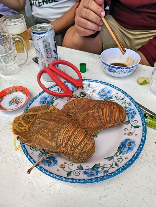 Two cooked pieces of orange slipper lobster on a plate at Be Ca Anh Sang restaurant, Phu Quy Island