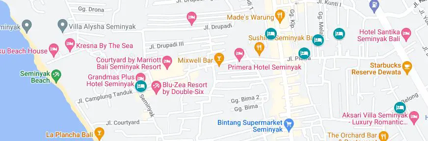 Map of cheap places to stay in Seminyak