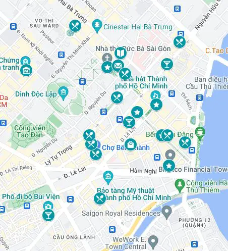 Map of places to visit and where to eat and drink when visiting Ho Chi Minh City in 1 Day