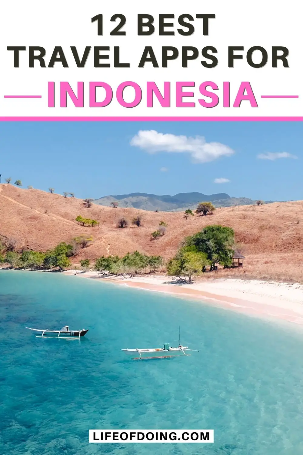 Two boats in the blue waters and next to the pink sandy beach in Indonesia, and the text of 12 Best Travel Apps for Indonesia