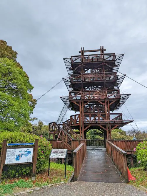 A wooden observation tower at Expo 70 Commemorative Park in Osaka