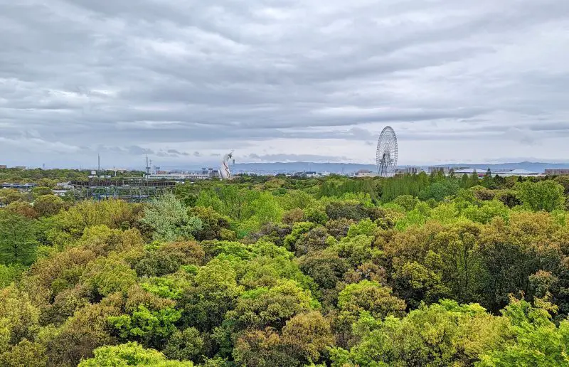 An aerial view of the forest area with the Tower of Sun and Ferris Wheel