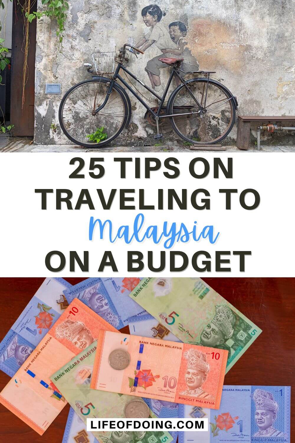 Top photo of a girl and boy on a bicycle street art in Penang, Malaysia and a bottom photo of Malaysian currency of 1, 5, 10 bills and coins