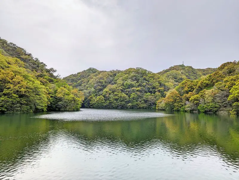 Nunobiki Reservoir, is a large reservoir with green trees around it