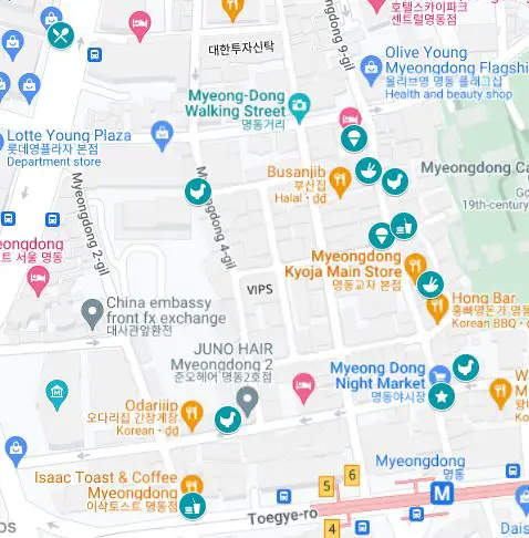 Map of places to eat in Myeongdong, Seoul, South Korea