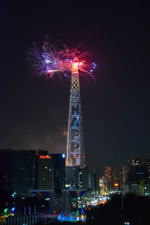 New Year's Eve fireworks from the top of Lotte World Tower in Seoul, South Korea