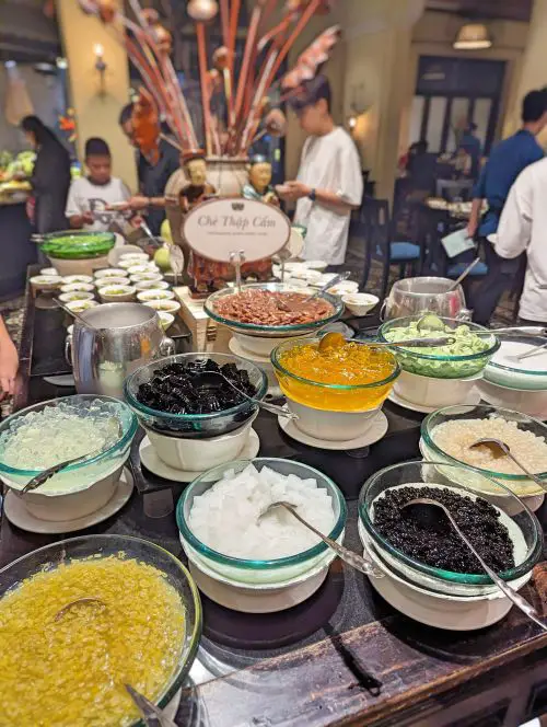 Bowls of jellies and mung bean to make your own Vietnamese dessert at Hanoi's Nha Hang Sen Tay Ho