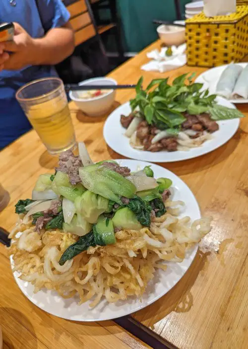 One plate of fried fresh noodles with green vegetables and beef on top, and another plate of stir-fried beef with onions