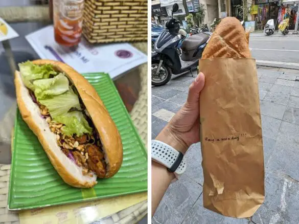 A photo grid of two vegetarian and vegan Vietnamese banh mi sandwiches in Hanoi, Vietnam. One sandwich is on a green plate while another is in a brown paper bag