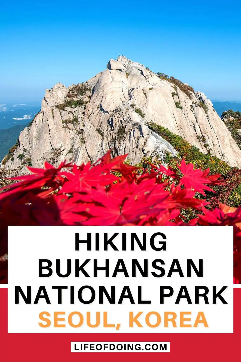 Red leaves in front of the peak of Baegundae at Bukhansan National Park in Seoul