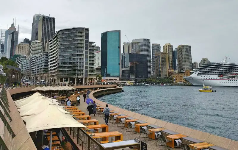 People walking along the waterfront of Circular Quay in Sydney, Australia