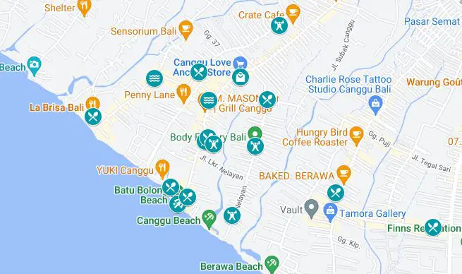 A map of the places to visit in Canggu in 3 days such as restaurants, beaches, workout places, and more