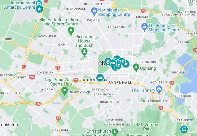 Map of places to visit in Christchurch, New Zealand in two days