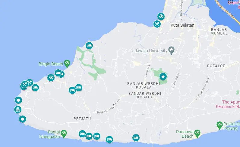 Map of the places to visit on your Uluwatu 3 day itinerary