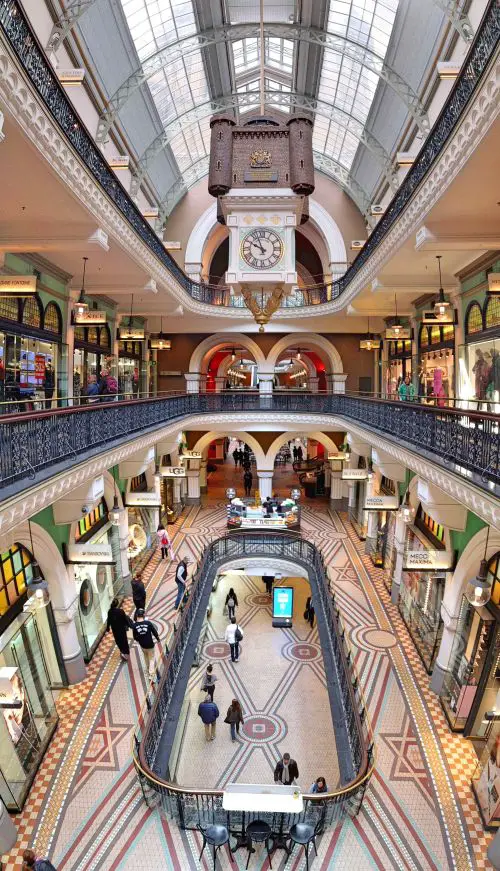 A top down view of the interior of a clock and the multi-floors of Queen Victoria Building in Sydney, Australia