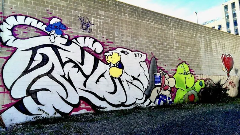 Street art of a white tiger, Smurfs, and a green Care Bear by Wongi Freak Wilson in Christchurch, New Zealand