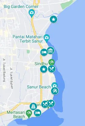 Map of places to visit in Sanur in 3 Days