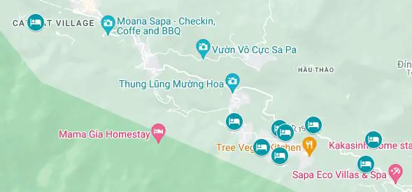 Locations of recommended homestays in Sapa, Vietnam