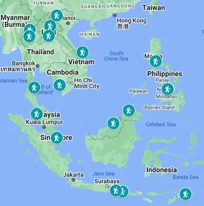 Map of the locations of hiking trails in Southeast Asia
