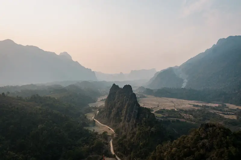 Aerial view of mountainous area of Nam Xay Viewpoint in Vang Vieng, Laos