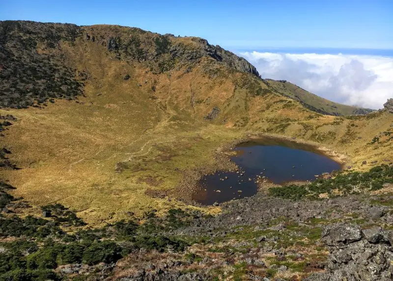 A volcanic crater with a small lake of Hallasan Mountain on Jeju Island, South Korea