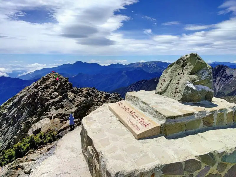 The top of Mount Jade with a signage of the peak at 3952 meters