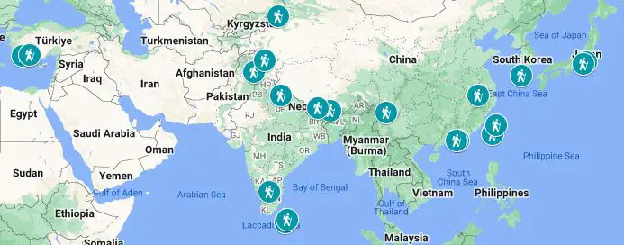 Map of the places to hike in Asia