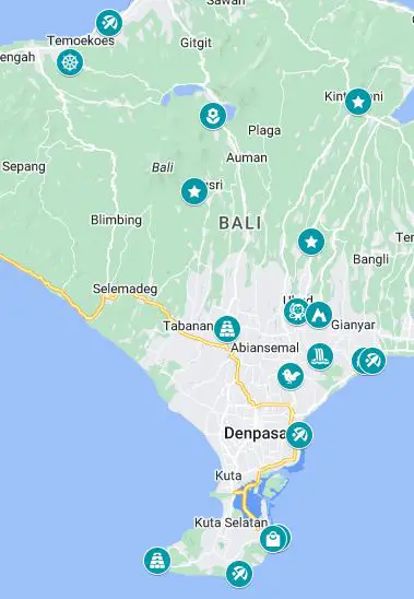 Map of baby-friendly places to visit in Bali, Indonesia